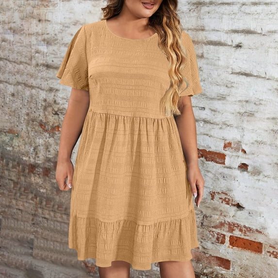 Plus Size Ruffle Mini Dress Women's Short Sleeve Textured Tiered Flowy Midi Dress Khaki 4XL
