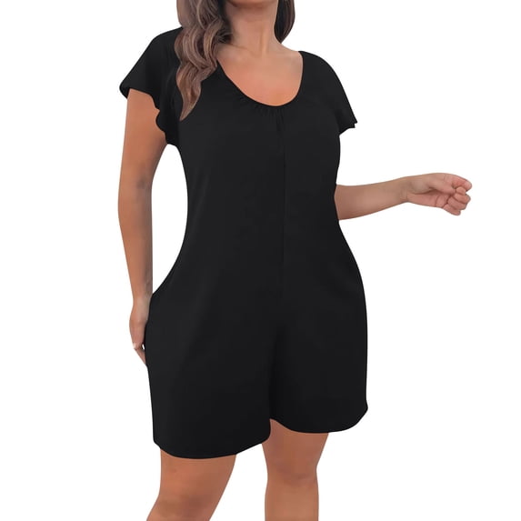 Plus Size Ruffle Short Sleeve Romper For Women Pleated Crewneck Wide Leg Playsuit Summer Casual Loose Lounge Shorts Jumpsuit