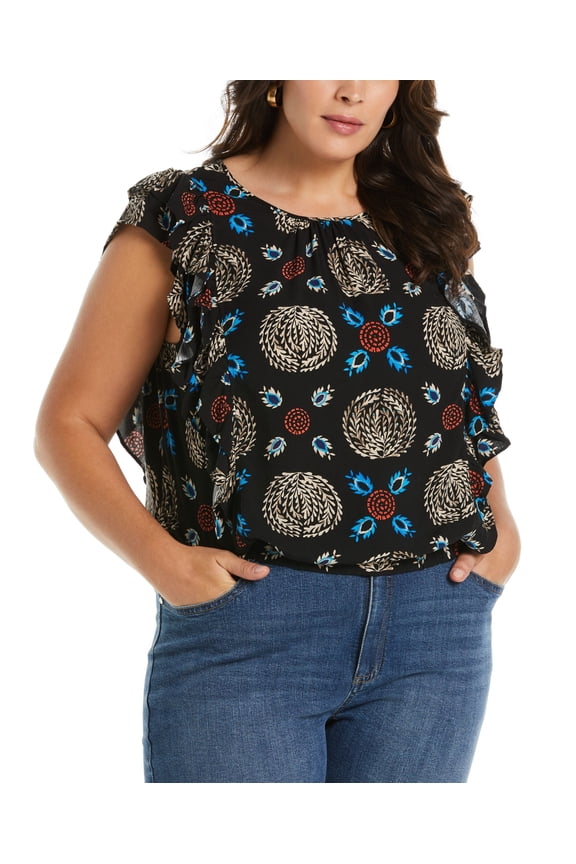 Plus Size Ruffle Short Sleeve Top Black 2X