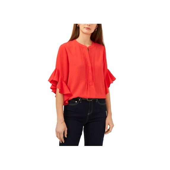 Plus Size Ruffle Sleeve Henley Blouse Radient Red 3X