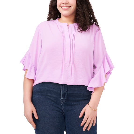 Plus Size Ruffle Sleeve Henley Blouse Soft Iris 1X