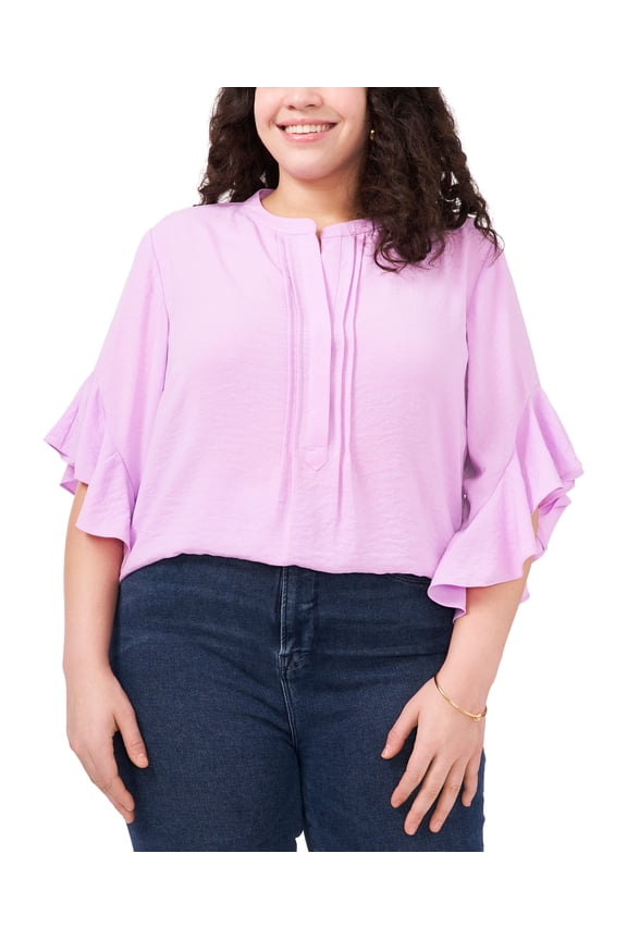 Plus Size Ruffle Sleeve Henley Blouse Soft Iris 1X
