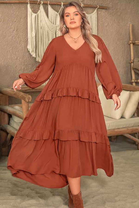 Plus Size Ruffled V-Neck Balloon Sleeves Maxi Dress (3XL, CopperBrown)