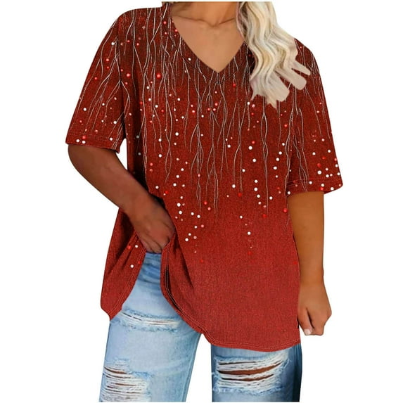 Plus Size Ruimatai Women's V-Neck Short Sleeve T-Shirt Soft Breathable Comfortable Casual Blouse Trendy Printed Top Loose Fit Tunic