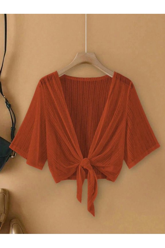 Plus Size Rust Brown Pleated Mesh Wrap Cardigan Short Sleeve Tie Front