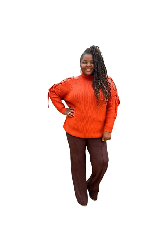 Plus Size Rust Turtles Neck Cutout Long Sleeve Sweater