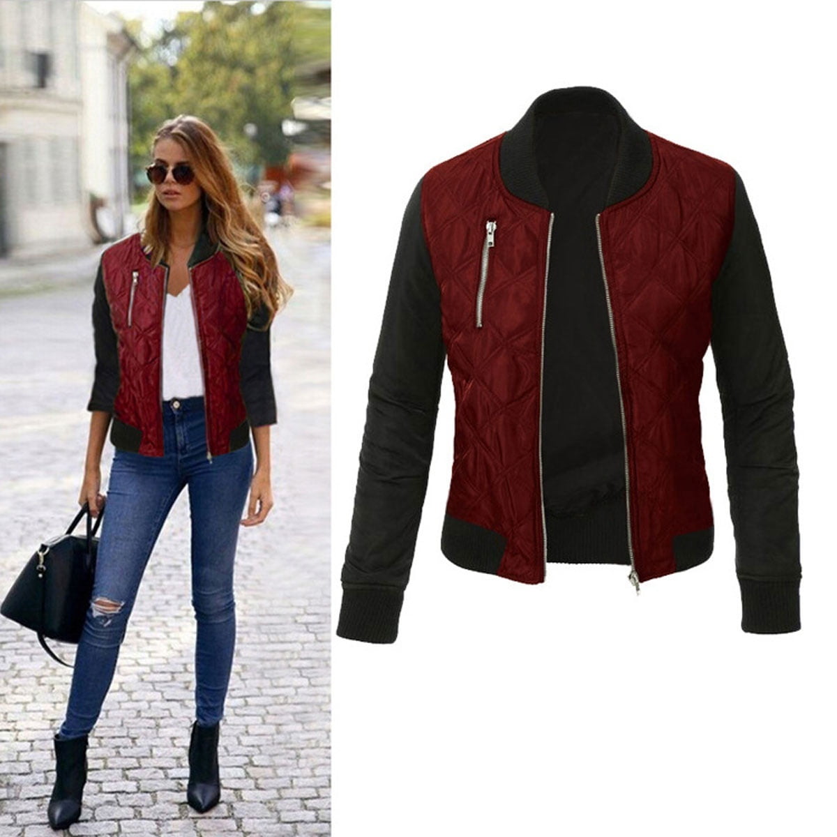 Fashion Patchwork Women Rose Red Genuine Leather Jacket Autumn