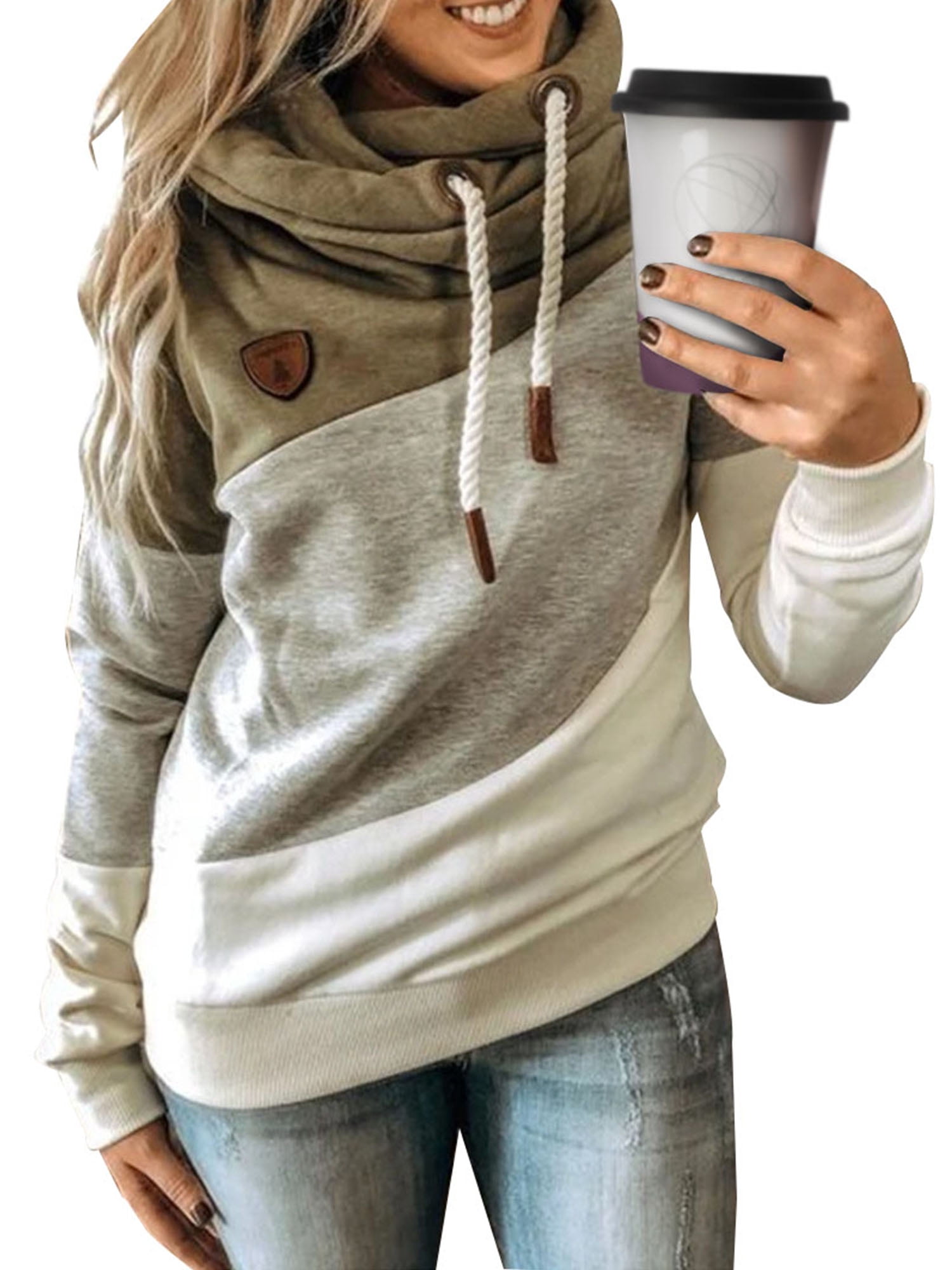 Plus Size S-5XL Women Cowl Neck Color Block Striped Tunic Sweatshirt  Drawstring Pullover Long Sleeve Hoodie Casual Tops - Walmart.com