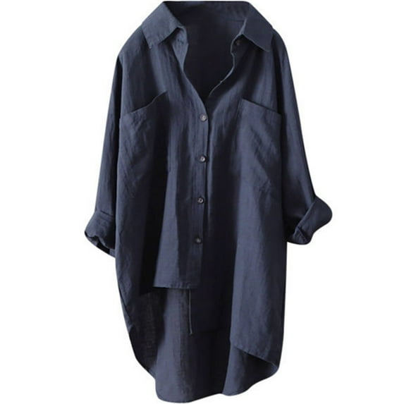 Plus Size S-5XL Women's Casual Button Down Cotton Linen Blouse Plus Size High Low T Shirt Long Sleeve Pocket Mid-length Tops