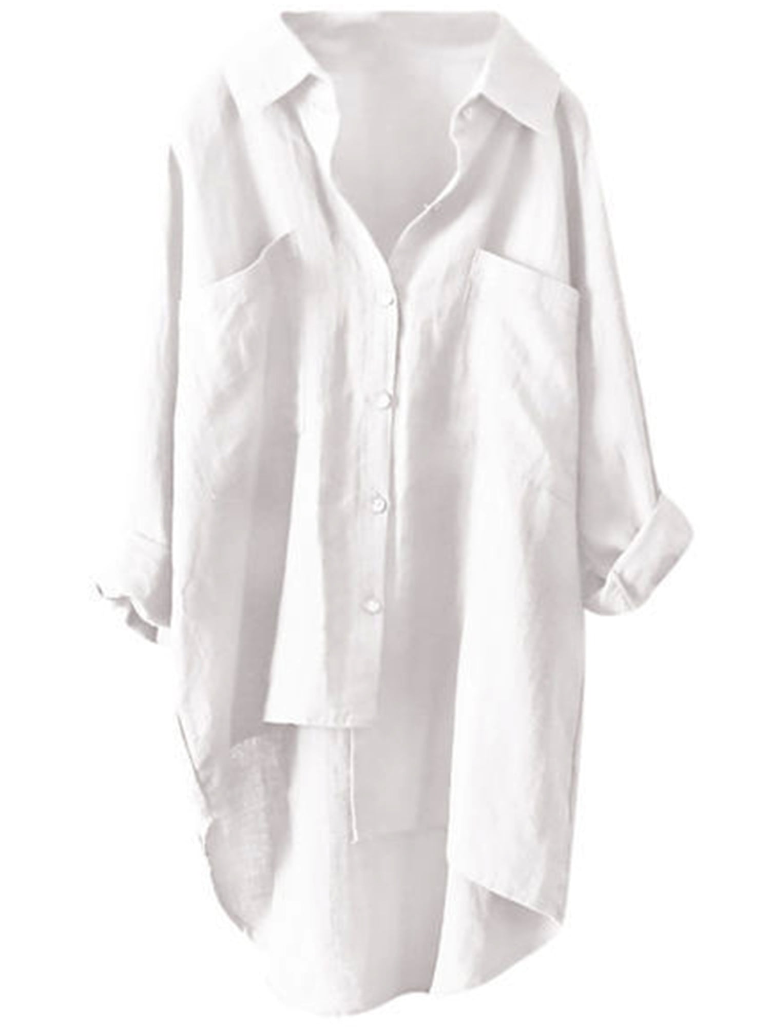 Plus Size S 5XL Women s Casual Button Down Cotton Linen Blouse Plus Size High Low T Shirt Long Sleeve Pocket Mid length Tops