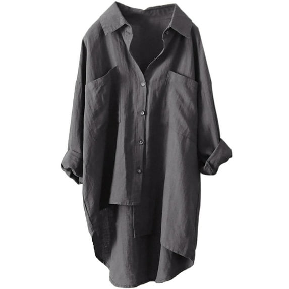 Plus Size S-5XL Women's Casual Button Down Cotton Linen Blouse Plus Size High Low T Shirt Long Sleeve Pocket Mid-length Tops
