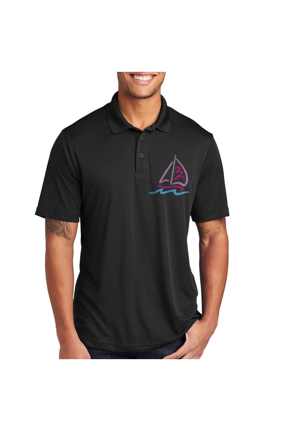 Plus Size Sailing Boat Graphic Design PosiCharge Competitor Polo Tee Shirt - Black 2XL