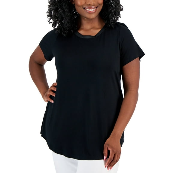 Plus Size Satin Trim Neck Short-Sleeve Top Deep Black 2X