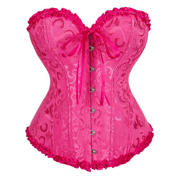 Plus Size Satin Trim Overbust Corset Bustier Top Body Shaper Tummy Control Pink S