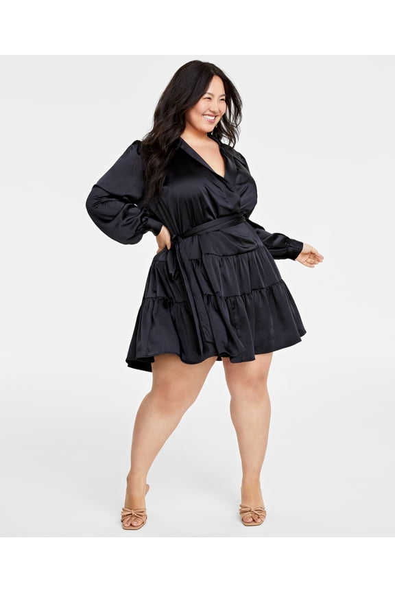 Plus Size Satin Wrap Dress Deep Black 2X
