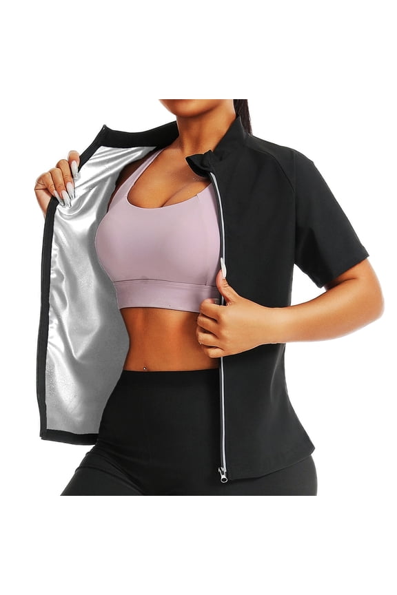 Plus Size Sauna Suit for Women Hot Sweat Body Shaper Jacket Waist Trainer Short Sleeve Zipper Sauna Suits