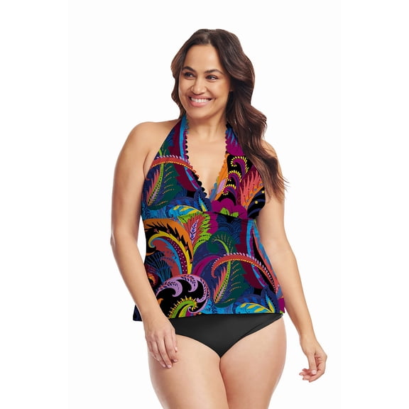 Plus Size Scallop Neckline Halter Tankini Top in Colorblock Paisley Black
