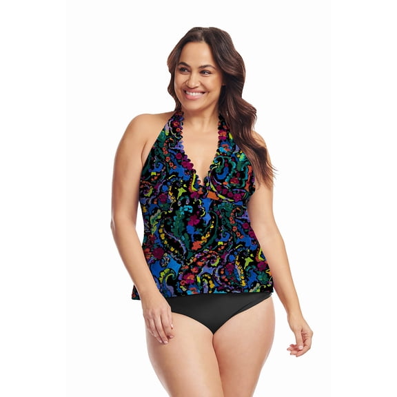 Plus Size Scallop Neckline Halter Tankini Top in Mediterranean Paisley Black