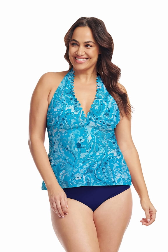 Women's Plus Size Scallop Halter Tankini Swim Top| Mediterranean Paisley Turquoise | Mazu Swim