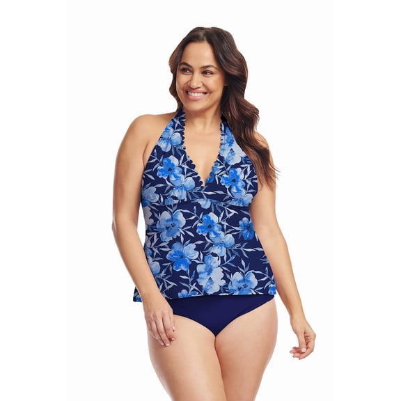 Plus Size Scallop Neckline Halter Tankini Top in Watercolor Botanical Blue