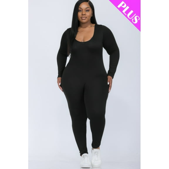 Plus Size Scoop Neck Long Sleeve Bodycon Jumpsuit