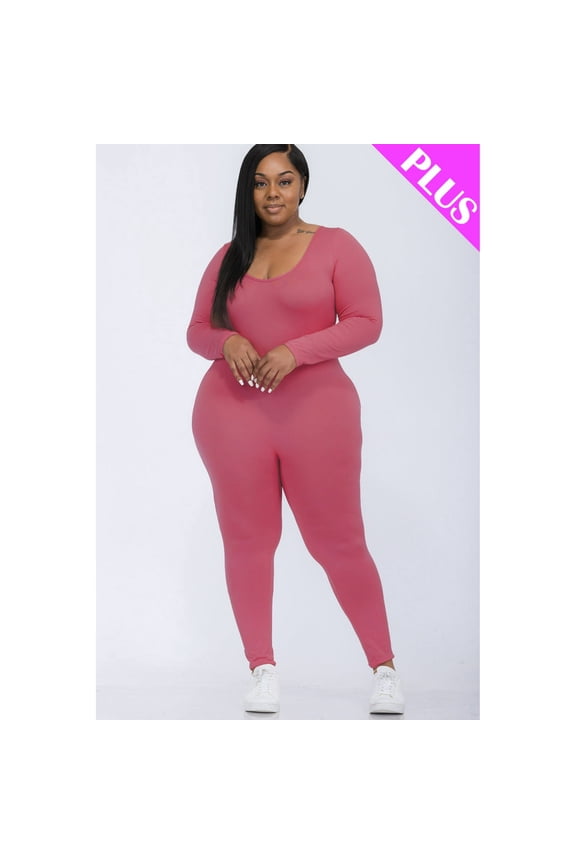 Plus Size Scoop Neck Long Sleeve Bodycon Jumpsuit