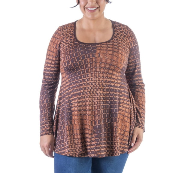 Plus Size Scoop Neck Long Sleeve Tunic Top Brown/Purple Multi 1X