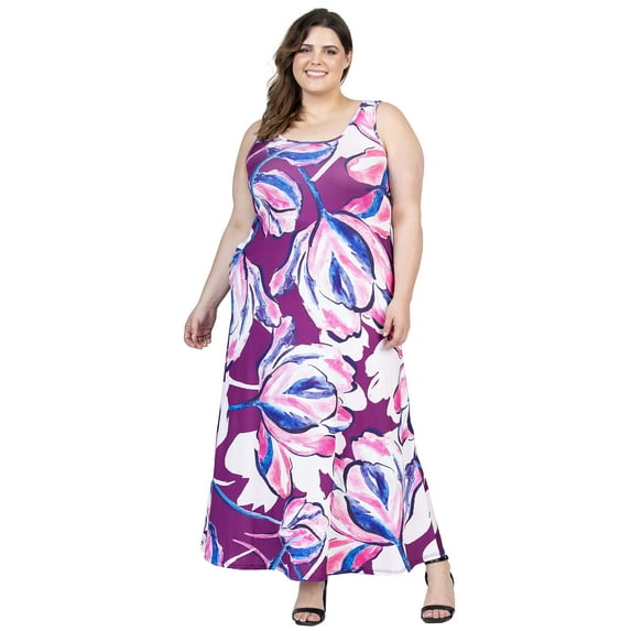 Plus Size Floral Scoop Neck Pocket Tank Maxi Dress