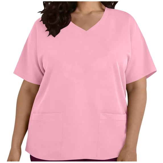 Plus Size Scrub Top For Women V Neck Short Sleeve Pocket Work Blouse For Nurse Uniform Medical Office Daily Professional Wear Clinic Spa Salon Care Team Workwear