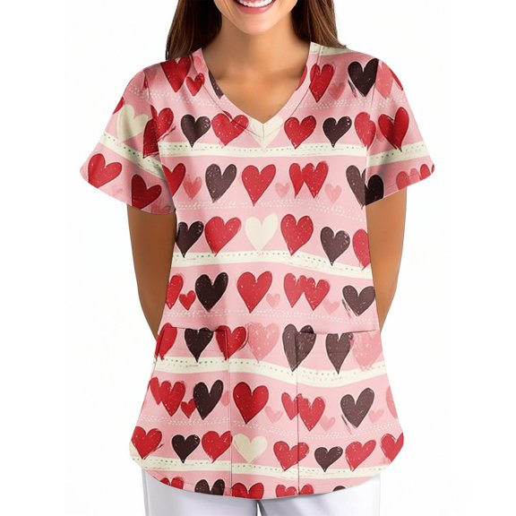 Plus Size Scrub Top,Women's Valentine's Day Printed Loose-Fit V-Neck Pocket Short-Sleeve Nursing Scrubs Top - Wine - XXL