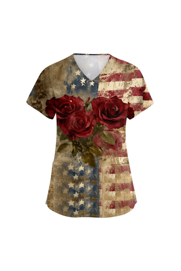 Plus Size Scrub Tops for Women Usa 250th Anniversary Medical Uniforms Summer Casual Short Sleeve V-Neck Scrub Tops Shirt American Flag Patriotic Tees Tunic Blouses