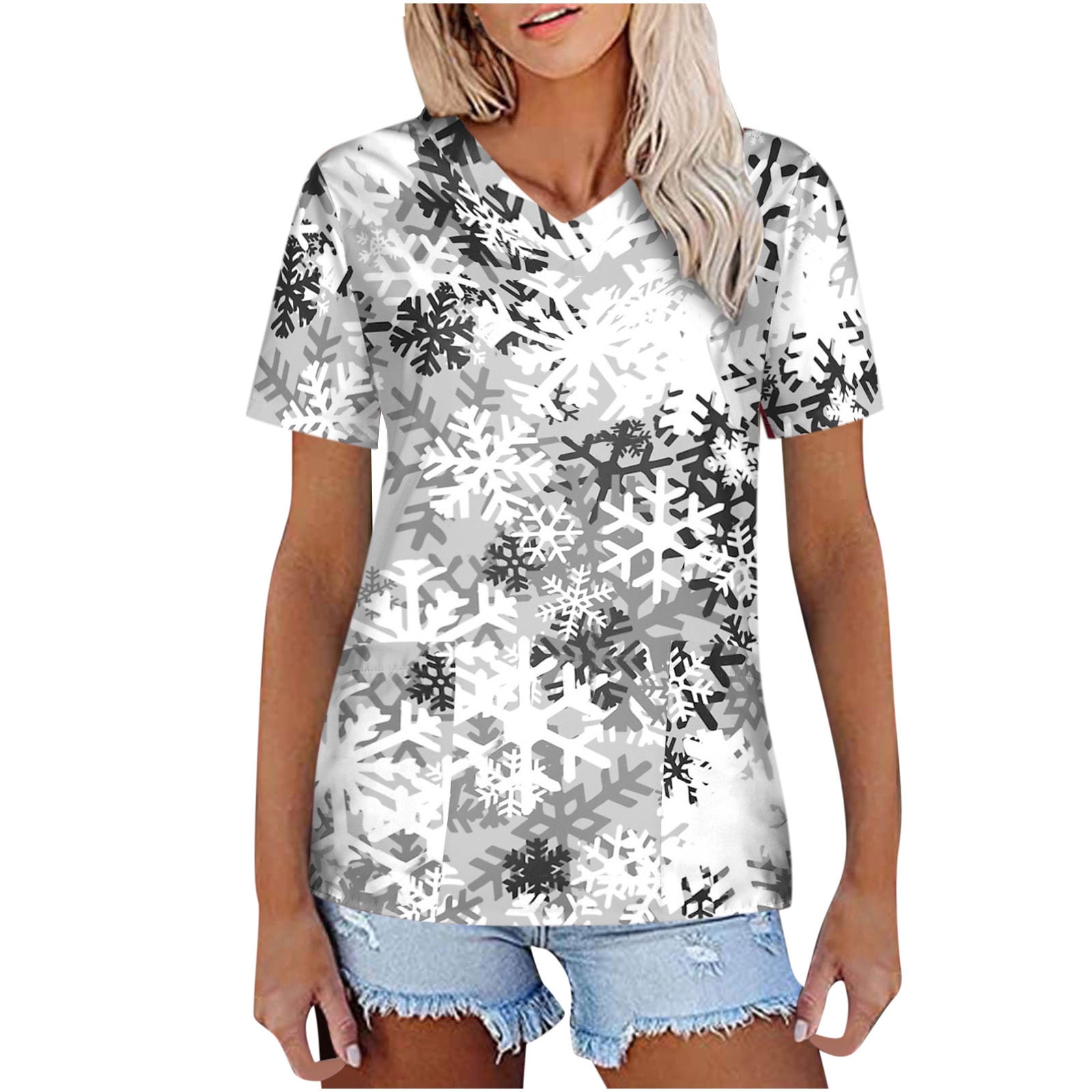 Plus Size Scrub Tops for Women Cute Christmas Pattern Print Short Sleeve Medical Nursing Scrub V Neck Working Uniform Walmart