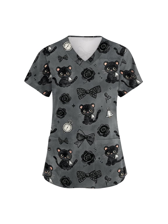 Plus Size Scrub Tops for Women Stretch Fashion Nurse Shirts Cute Animal Printed Scrubs Tops Easy-Care Fabric for All-Day Comfort - Black - 3XL