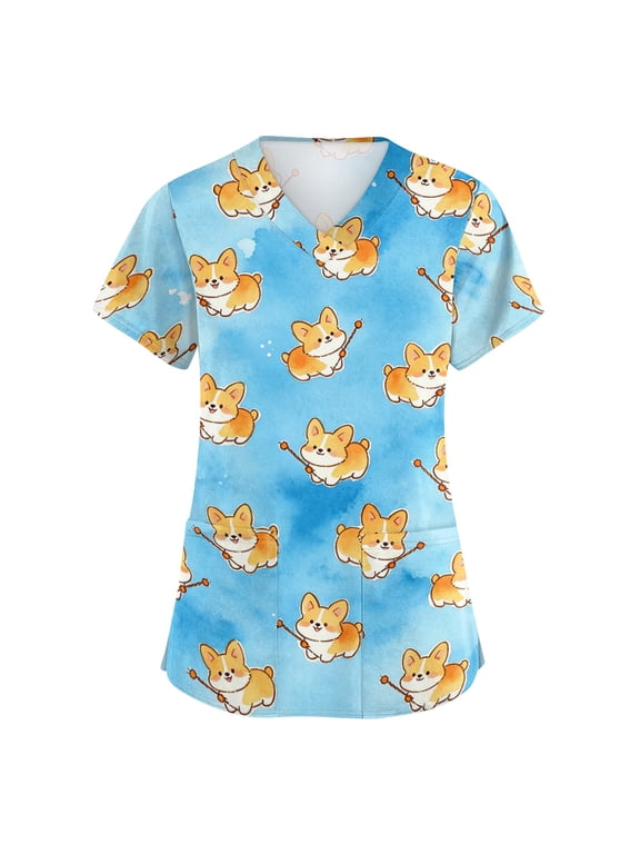 Plus Size Scrub Tops for Women Stretch Fashion Nurse Shirts Cute Animal Printed Scrubs Tops Easy-Care Fabric for All-Day Comfort - Blue - L