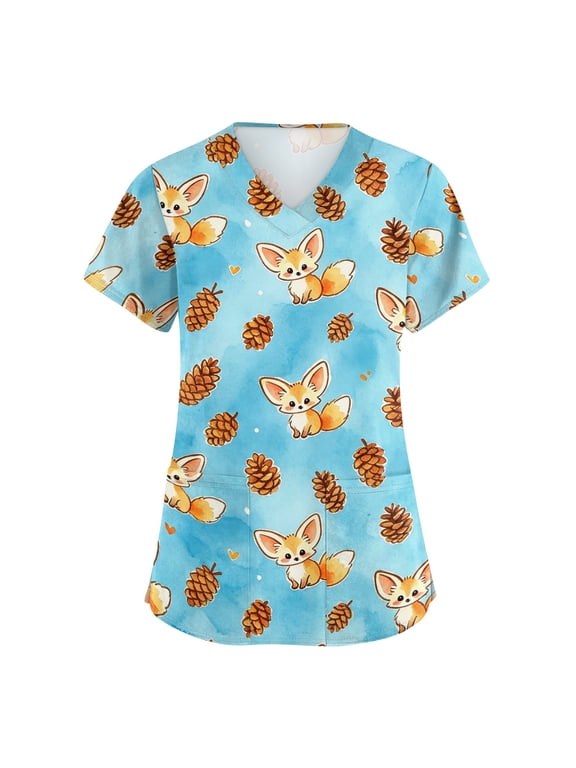 Plus Size Scrub Tops for Women Stretch Fashion Nurse Shirts Cute Animal Printed Scrubs Tops Easy-Care Fabric for All-Day Comfort - Blue - M