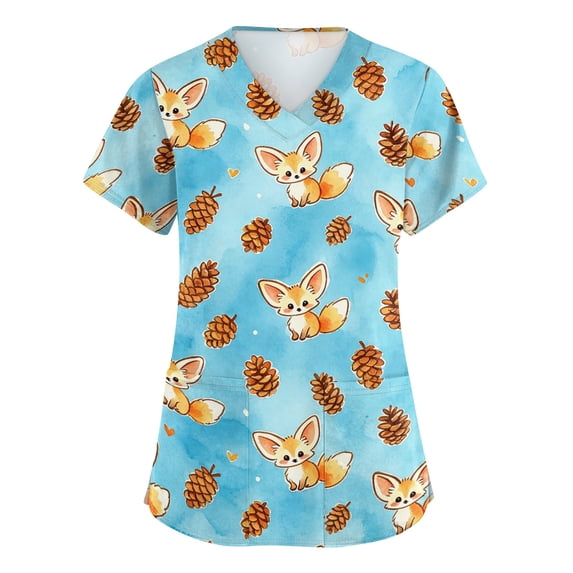 Plus Size Scrub Tops for Women Stretch Fashion Nurse Shirts Cute Animal Printed Scrubs Tops Easy-Care Fabric for All-Day Comfort - Blue - S