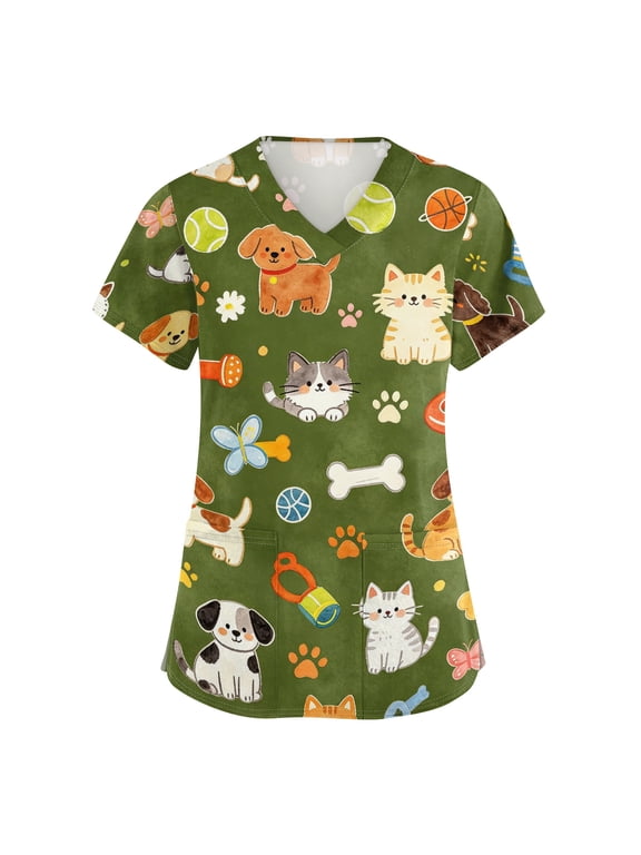 Plus Size Scrub Tops for Women Stretch Fashion Nurse Shirts Cute Animal Printed Scrubs Tops Easy-Care Fabric for All-Day Comfort - Green - M