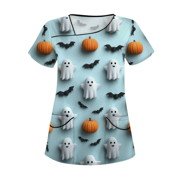 Plus Size Scrub for Women, Classic Fit V-Neck Short Sleeve Top Anti-Wrinkle Workwear Medical Tops Women Fun Printed Scrubs Soft Knit Nurse Uniform Shirts Professionals Blue M
