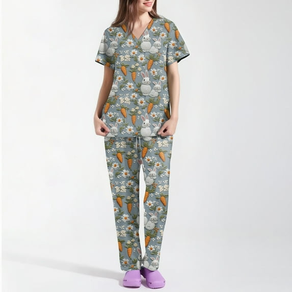 Plus Size Scrubs For Women Stretch,Women's Short-Sleeve Easter Print Nursing Scrubs Set with Pockets,Gray,L