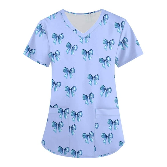 Plus Size Scrubs, Medical Uniforms with Dual Pockets Four Seasons Nursing Scrub Shirt Bow Print Healthcare Workwear Christmas Nurse Work Apparel Nightmare Before Womens Tops Blue 4Xl