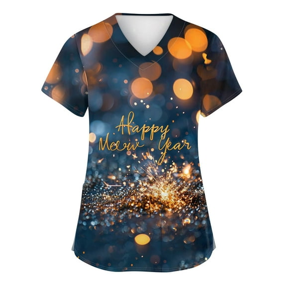 Plus Size Scrubs Tops for Women Funny 2026 Happy New Year Print Tops for Women Short Sleeve Nursing Uniforms Soft Stretchy Scrub Shirts