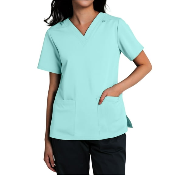 ​Plus Size Scrubs For Women Stretch, ​Breathable Nurse Uniforms Summer Shifts Stretchy Medical Scrub Tops With Pockets Printed Blouse ​10-Color V-Neck Top 2025 Blue