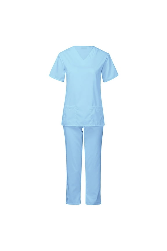 Plus Size Scrubs for Women Sets Stretchy Medical Working Uniforms V-Neck Tops Long Pants Nursing Scrub Sets, Light Blue, M