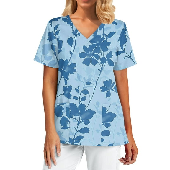 Plus Size Scrubs for Women Stretch,Fashion Scrubs Tops Short Sleeve with 2 Pockets - Lightweight Medical Uniform Blouse for Healthcare - Blue - L