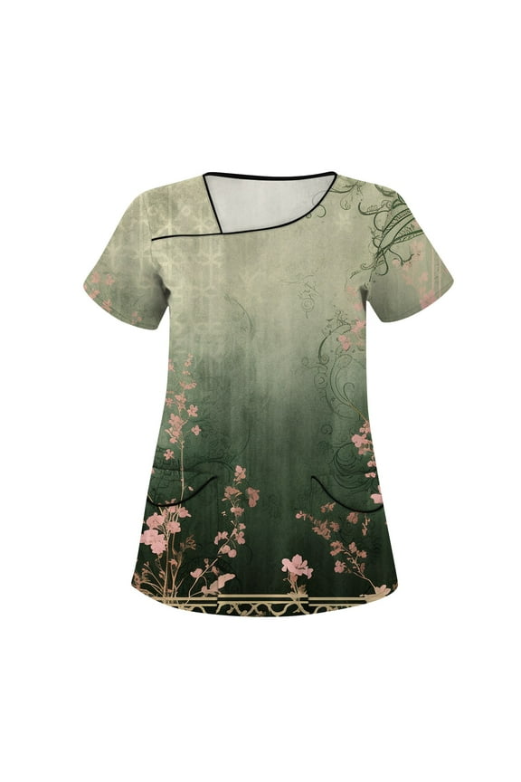 Plus Size Scrubs for Women Stretch,Floral Print Women's Scrub Tops - V-Neck Short Sleeve Nursing Tops with Side Pockets - Army Green - XL
