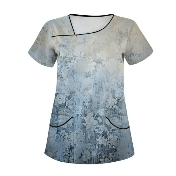 Plus Size Scrubs for Women Stretch,Floral Print Women's Scrub Tops - V-Neck Short Sleeve Nursing Tops with Side Pockets - Gray - S