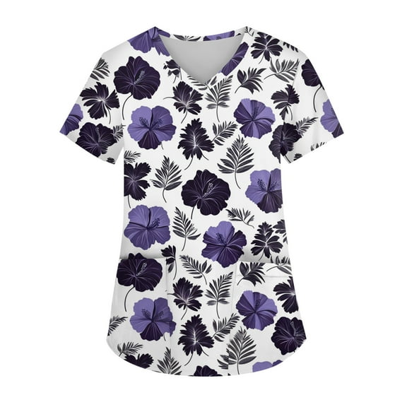 Plus Size Scrubs for Women Stretch,Hawaiian Print Scrub Tops - Stretch V-Neck with Reinforced Pockets for Medical Use - Dark Purple - XL