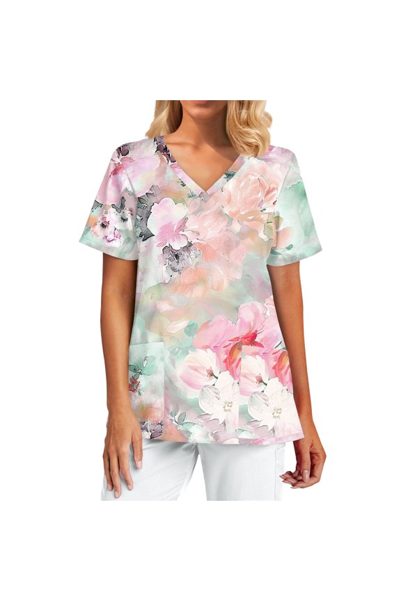 Plus Size Scrubs for Women Stretch,Scrub Tops Womens with Pocket - Antimicrobial Short Sleeve Medical Uniform Top for Clinics - Pink - S