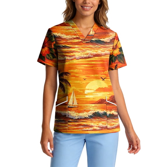 Plus Size Scrubs for Women Stretch V-Neck Short Sleeve Hawaiian Floral Print Scrub Tops Nursing Uniform
