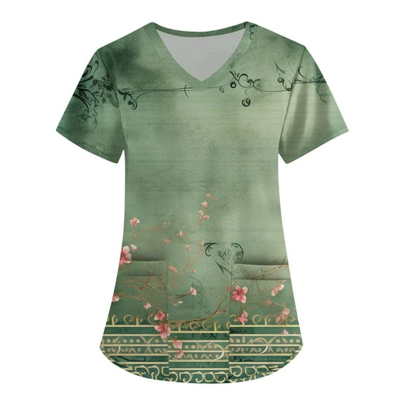 Plus Size Scrubs for Women Stretch,Women's Floral Printed Scrub Tops - V-Neck Stretch Fabric with Utility Pockets - Green - XXXXXL